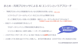 まとめ：汎⽤プロセッサによる AI エンジンというアプローチ
• 「専⽤プロセッサとの性能差が⼩さいなら汎⽤の⽅が良いよね」
ソフトウェア（ツールチェイン）のエコシステムが期待できる
だって専⽤プロセッサ良いけど処理系・設計ツール・デバッガとかどうすんのよ？
• DSEパートは当然⾃前で作るとして
でもデータハンドリング⽤の汎⽤CPU要るぢゃん
シリコンに載せると ARM は⾼い → オープンな設計欲しい
• このアプローチが「オープン」な ISA であることは必然なのである
• とは⾔っても EDA tool ライセンス⾼いし、まだまだ壁はある（どのアプローチにもあるけどね）
その意味で Google さんとか凄いよね（ちょっと真似できない）
そこへ来てこの
爆発前夜感！
ごもっとも
てことを今⽇は伝えたかったのです
 