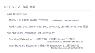 RISC-V ISA （超）概要
• Base Integer ISA
整数レジスタ32本（0番はゼロ固定）
load, store, and/or/xor, add, sub, compare, branch, jump, nop 程度
• And “Optional Instruction-set Extensions”
Standard Extension：⼀般的で互いに衝突しないように設計
Non-Standard Extension：特化＋他 Extension との衝突を許容
Embedded向け16本のRV32Eもある
（Standard Extension との conﬂict も許容）
（浮動⼩数点演算どころか掛け算・割り算もここ）
 