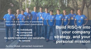 Build RISC-V into
your company
strategy, and your
personal mission
RISC-V is a community of passionate,
dedicated, and invested stakeholders
As individuals
As companies
As universities
As public institutions and non-profits
As nations
As one Global, connected movement
19
 