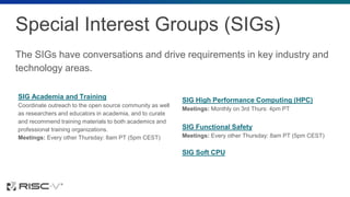 Special Interest Groups (SIGs)
The SIGs have conversations and drive requirements in key industry and
technology areas.
SIG Academia and Training
Coordinate outreach to the open source community as well
as researchers and educators in academia, and to curate
and recommend training materials to both academics and
professional training organizations.
Meetings: Every other Thursday: 8am PT (5pm CEST)
SIG High Performance Computing (HPC)
Meetings: Monthly on 3rd Thurs: 4pm PT
SIG Functional Safety
Meetings: Every other Thursday: 8am PT (5pm CEST)
SIG Soft CPU
 