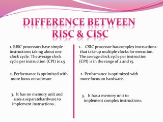 1. RISC processors have simple
instructions taking about one
clock cycle. The average clock
cycle per instruction (CPI) is 1.5
1. CSIC processor has complex instructions
that take up multiple clocks for execution.
The average clock cycle per instruction
(CPI) is in the range of 2 and 15.
2. Performance is optimized with
more focus on software
2. Performance is optimized with
more focus on hardware.
3. It has no memory unit and
uses a separatehardware to
implement instructions..
3. It has a memory unit to
implement complex instructions.
 