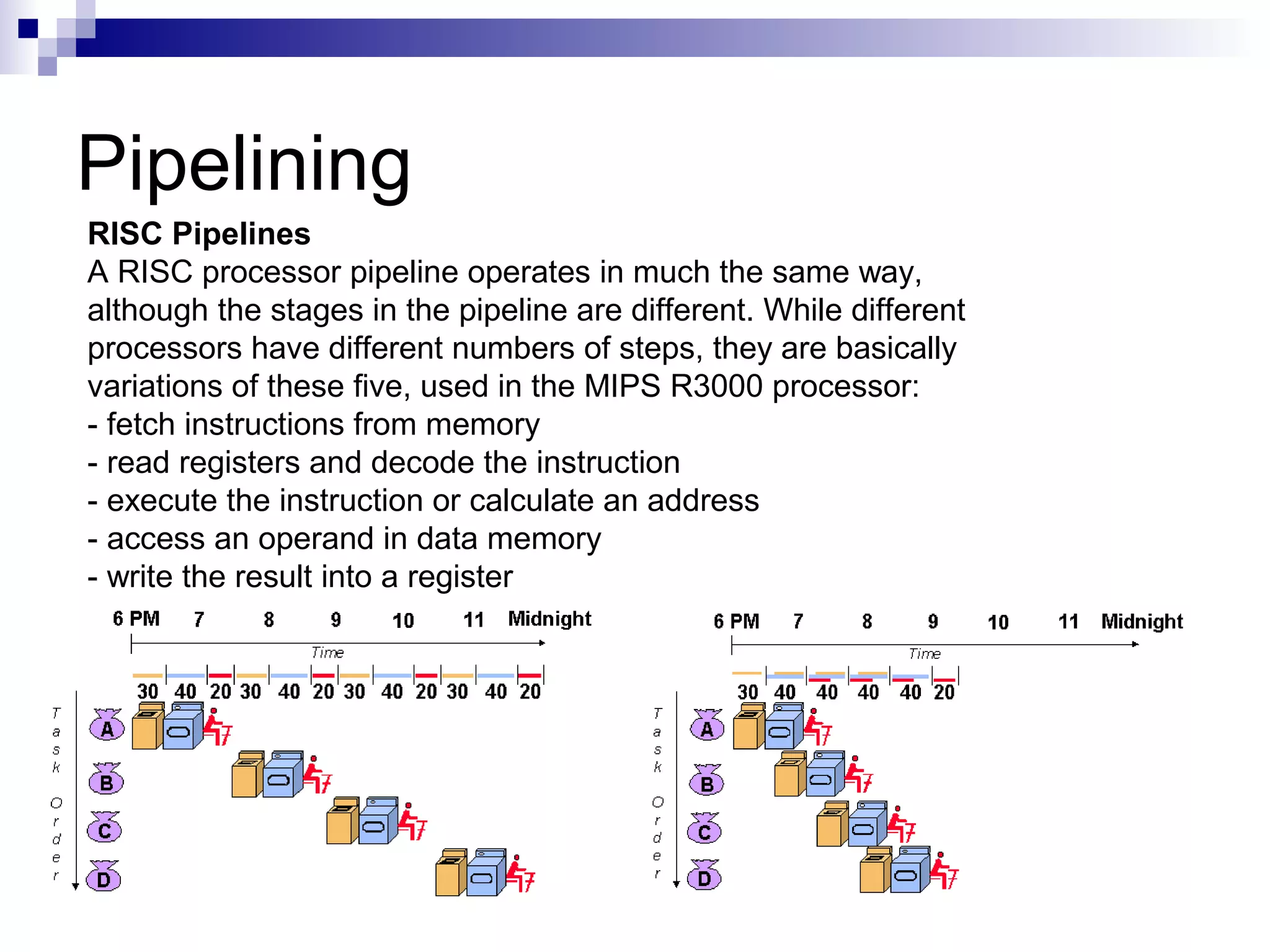 Pipelining
RISC Pipelines
A RISC processor pipeline operates in much the same way,
although the stages in the pipeline are different. While different
processors have different numbers of steps, they are basically
variations of these five, used in the MIPS R3000 processor:
- fetch instructions from memory
- read registers and decode the instruction
- execute the instruction or calculate an address
- access an operand in data memory
- write the result into a register
 