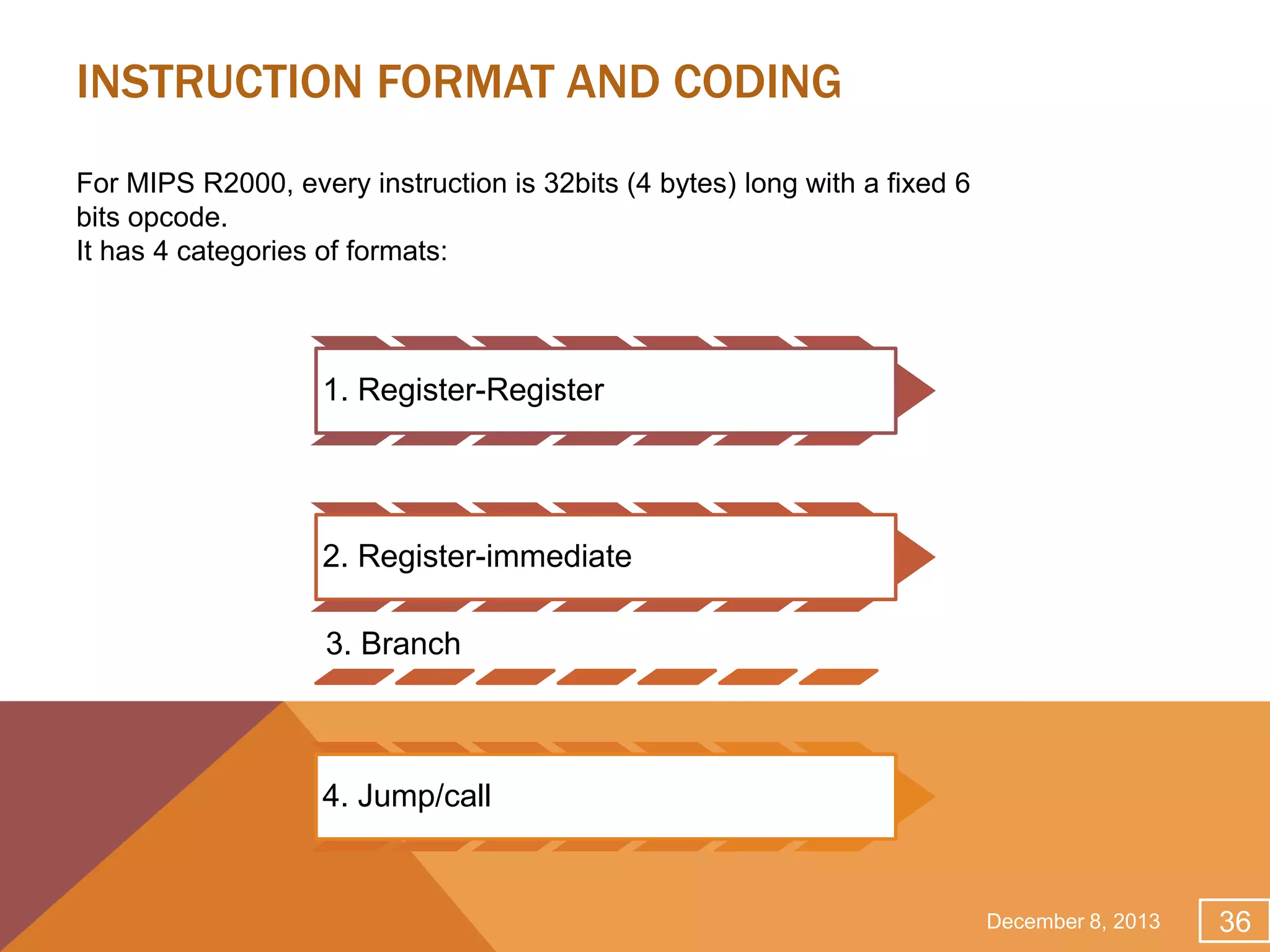 INSTRUCTION FORMAT AND CODING
For MIPS R2000, every instruction is 32bits (4 bytes) long with a fixed 6
bits opcode.
It has 4 categories of formats:

1. Register-Register

2. Register-immediate
3. Branch

4. Jump/call

December 8, 2013

36

 