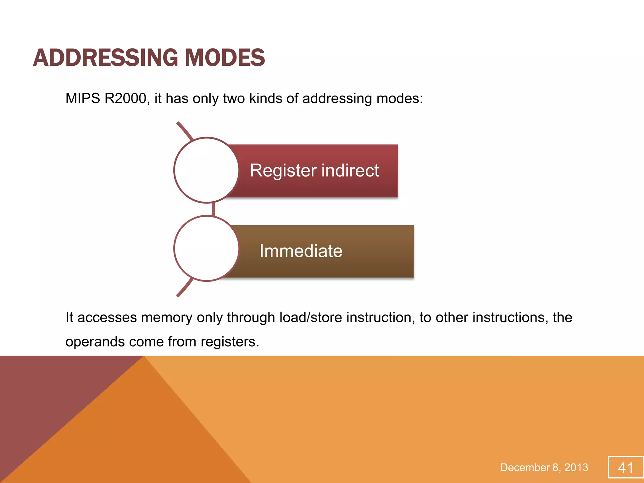 ADDRESSING MODES
MIPS R2000, it has only two kinds of addressing modes:

Register indirect

Immediate

It accesses memory only through load/store instruction, to other instructions, the
operands come from registers.

December 8, 2013

41

 