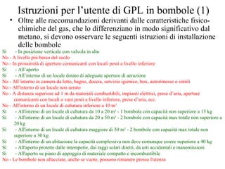 Istruzioni per l’utente di GPL in bombole (1) Oltre alle raccomandazioni derivanti dalle caratteristiche fisico-chimiche del gas, che lo differenziano in modo significativo dal metano, si devono osservare le seguenti istruzioni di installazione delle bombole Sì  -  In posizione verticale con valvola in alto No - A livello più basso del suolo No - In prossimità di aperture comunicanti con locali posti a livello inferiore Sì  -  All’aperto Sì  -  All’interno di un locale dotato di adeguate aperture di aerazione No - All’interno in camera da letto, bagno, doccia, servizio igienico, box, autorimesse o simili No - All'interno di un locale non aerato No - A distanza superiore ad 1 m da materiali combustibili, impianti elettrici, prese d’aria, aperture comunicanti con locali o vani posti a livello inferiore, prese d’aria, ecc. No - All'interno di un locale di cubatura inferiore a 10 m 3 Sì  -  All'interno di un locale di cubatura da 10 a 20 m 3  - 1 bombola con capacità non superiore a 15 kg Sì  -  All'interno di un locale di cubatura da 20 a 50 m 3  - 2 bombole con capacità max totale non superiore a 20 kg Sì  -  All'interno di un locale di cubatura maggiore di 50 m 3  - 2 bombole con capacità max totale non superiore a 30 kg Sì  -  All'interno di un abitazione la capacità complessiva non deve comunque essere superiore a 40 kg Sì  -  All'aperto protette dalle intemperie, dai raggi solari diretti, da urti accidentali e manomissioni Sì  -  All'aperto su piano di appoggio di materiale compatto e incombustibile   No - Le bombole non allacciate, anche se vuote, possono rimanere presso l'utenza 