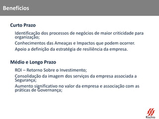 Benefícios
• Curto Prazo
– Identificação dos processos de negócios de maior criticidade para
organização;
– Conhecimentos das Ameaças e Impactos que podem ocorrer.
– Apoio a definição da estratégia de resiliência da empresa.
• Médio e Longo Prazo
– ROI – Retorno Sobre o Investimento;
– Consolidação da imagem dos serviços da empresa associada a
Segurança;
– Aumento significativo no valor da empresa e associação com as
práticas de Governança;
 
