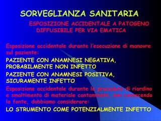 SORVEGLIANZA SANITARIA  ESPOSIZIONE ACCIDENTALE A PATOGENO DIFFUSIBILE PER VIA EMATICA Esposizione accidentale durante l’esecuzione di manovre sul paziente: PAZIENTE CON ANAMNESI NEGATIVA, PROBABILMENTE NON INFETTO PAZIENTE CON ANAMNESI POSITIVA, SICURAMENTE INFETTO Esposizione accidentale durante le procedure di riordino e smaltimento di materiale contaminato, non conoscendo la fonte, dobbiamo considerare: LO STRUMENTO COME POTENZIALMENTE INFETTO 