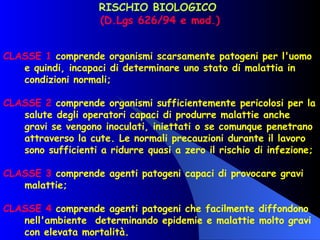 RISCHIO BIOLOGICO  (D.Lgs 626/94 e mod.) CLASSE 1  comprende organismi scarsamente patogeni per l'uomo e quindi, incapaci di determinare uno stato di malattia in condizioni normali; CLASSE 2  comprende organismi sufficientemente pericolosi per la salute degli operatori capaci di produrre malattie anche gravi se vengono inoculati, iniettati o se comunque penetrano attraverso la cute. Le normali precauzioni durante il lavoro sono sufficienti a ridurre quasi a zero il rischio di infezione; CLASSE 3  comprende agenti patogeni capaci di provocare gravi malattie; CLASSE 4  comprende agenti patogeni che facilmente diffondono nell'ambiente  determinando epidemie e malattie molto gravi con elevata mortalità. 