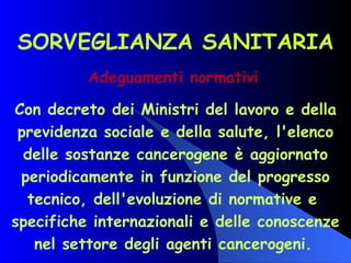 SORVEGLIANZA SANITARIA Adeguamenti normativi   Con decreto dei Ministri del lavoro e della previdenza sociale e della salute, l'elenco delle sostanze cancerogene è aggiornato periodicamente in funzione del progresso tecnico, dell'evoluzione di normative e  specifiche internazionali e delle conoscenze nel settore degli agenti cancerogeni.   