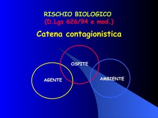 RISCHIO BIOLOGICO  (D.Lgs 626/94 e mod.) Catena contagionistica AGENTE OSPITE AMBIENTE 
