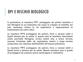 DPI E RISCHIO BIOLOGICO
In particolare, le maschere FFP1 proteggono da polveri atossiche e
non fibrogene la cui inalazione non causa lo sviluppo di malattie, ma
può, comunque, irritare le vie respiratorie e rappresentare un
inquinamento da cattivi odori.
Le maschere FFP2 proteggono da polveri, fumo e aerosol solidi e
liquidi dannosi per la salute. In questo caso le maschere intercettano
anche particelle fibrogene, ovvero sistemi che, a breve termine,
causano irritazione delle vie respiratorie, mentre a lungo termine
comportano una riduzione dell’elasticità del tessuto polmonare.
Le maschere FFP3 proteggono da polveri, fumo e aerosol solidi e
liquidi tossici e dannosi per la salute. Queste maschere sono in grado
di proteggere da sostanze nocive cancerogene e radioattive.
75
 