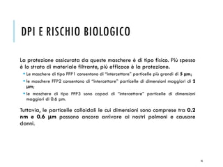 DPI E RISCHIO BIOLOGICO
La protezione assicurata da queste maschere è di tipo fisico. Più spesso
è lo strato di materiale filtrante, più efficace è la protezione.
▪ Le maschere di tipo FFP1 consentono di “intercettare” particelle più grandi di 5 μm;
▪ le maschere FFP2 consentono di “intercettare” particelle di dimensioni maggiori di 2
μm;
▪ le maschere di tipo FFP3 sono capaci di “intercettare” particelle di dimensioni
maggiori di 0.6 μm.
Tuttavia, le particelle colloidali le cui dimensioni sono comprese tra 0.2
nm e 0.6 μm possono ancora arrivare ai nostri polmoni e causare
danni.
76
 