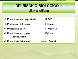 DPI RISCHIO BIOLOGICO =
ultima difesa
 Protezione vie respiratorie APVR
 Protezione del corpo Camici
 Protezione occhi Occhiali
 Protezione viso, naso, Visore
bocca, occhi
 Protezione delle mani Guanti
 