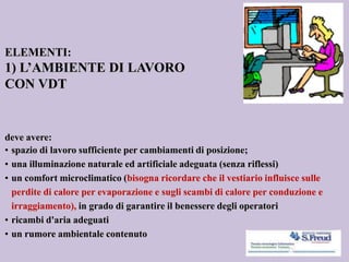 ELEMENTI:
1) L’AMBIENTE DI LAVORO
CON VDT
deve avere:
• spazio di lavoro sufficiente per cambiamenti di posizione;
• una illuminazione naturale ed artificiale adeguata (senza riflessi)
• un comfort microclimatico (bisogna ricordare che il vestiario influisce sulle
perdite di calore per evaporazione e sugli scambi di calore per conduzione e
irraggiamento), in grado di garantire il benessere degli operatori
• ricambi d'aria adeguati
• un rumore ambientale contenuto
 