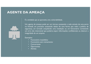 AGENTE DA AMEAÇA
É a entidade que se aproveita uma vulnerabilidade.
Um agente de ameaça pode ser um intruso acessando a rede através de uma porta
no firewall, um processo acessando dados de uma forma que viole a política de
segurança, um tornado aniquilando uma instalação ou um funcionário cometendo
um erro não intencional que poderia expor informações confidenciais ou destruir a
integridade de um arquivo.
Exemplos:
• Funcionário insatisfeito
• Funcionário sem treinamento
• Concorrente
• Oportunista
• Ativista
 