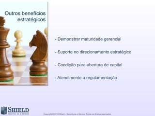 Copyright © 2012 Shield – Security as a Service. Todos os direitos reservados.
• Maneira como os envolvidos
compreende as consequências
pelo potencial da ocorrência do
risco
• Está diretamente relacionada a
experiências anteriores e
expectativas futuras
• A percepção de risco tende à
psicologia
 