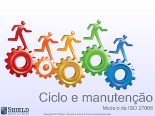 Copyright © 2012 Shield – Security as a Service. Todos os direitos reservados.
Complementa o CobiT4.1 no sentido de gestão e percepção
estratégica de riscos de TI no processo de gestão estratégica da
governança de TI.
Suporta o mercado de riscos (financeiro) com visões estratégicas
sobre os riscos da organização
Norma da família ISO 27000 dedicada a tratar do tema “Gestão de
Riscos” com o enfoque em segurança da informação
Norma Australiana-Neozelandesa para tratamento e gestão de
riscos. Uma das referências que cita “risco” como podendo ser
positivo (oportunidade)
Norma ISO publicada no final de 2011 com enfoque em unificar o
tema dando um cunho geral e não só de TI ou financeiro
É um conjunto de ferramentas, técnicas e métodos para Avaliações
de risco de segurança da informação e planejamento estratégico.
OCTAVE
Risk IT
(CobiT 4.1)
AS/NZS
4360
COSO
ISO 27005
ISO 31000
 