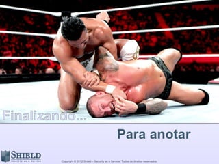 Copyright © 2012 Shield – Security as a Service. Todos os direitos reservados.
AAR
Análise de Riscos
Definição de contexto
Identificação de riscos
Estimativa de riscos
Avaliação de riscos
ComunicaçãodoRisco
Avaliação
satisfatória?
MonitoramentoeAnáliseCríticadeRiscos
Tratamento do Risco
Aceitação do risco
O tratamento foi
satisfatório?
 