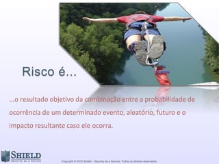 Copyright © 2012 Shield – Security as a Service. Todos os direitos reservados.
Risco é...
...o resultado objetivo da combinação entre a probabilidade de
ocorrência de um determinado evento, aleatório, futuro e o
impacto resultante caso ele ocorra.
 