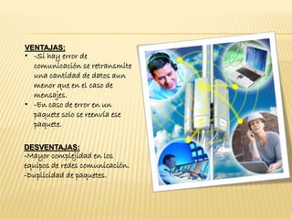 VENTAJAS:
• -Si hay error de
comunicación se retransmite
una cantidad de datos aun
menor que en el caso de
mensajes.
• -En caso de error en un
paquete solo se reenvía ese
paquete.
DESVENTAJAS:
-Mayor complejidad en los
equipos de redes comunicación.
-Duplicidad de paquetes.
 