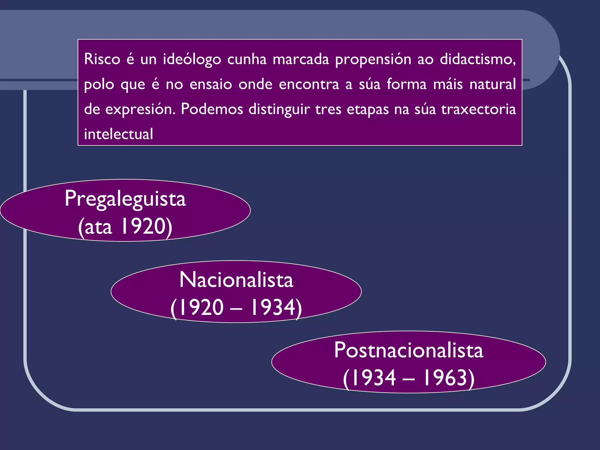 Risco é un ideólogo cunha marcada propensión ao didactismo, polo que é no ensaio onde encontra a súa forma máis natural de expresión. Podemos distinguir tres etapas na súa traxectoria intelectual Pregaleguista (ata 1920) Nacionalista (1920 – 1934) Postnacionalista (1934 – 1963) 