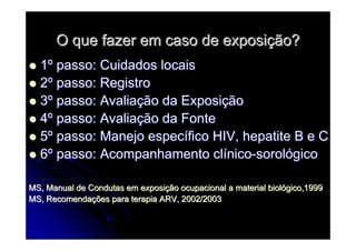 O que fazer em caso de exposiO que fazer em caso de exposiçção?ão?
11ºº passo: Cuidados locaispasso: Cuidados locais
22ºº passo: Registropasso: Registro
33ºº passo: Avaliapasso: Avaliaçção da Exposião da Exposiççãoão
44ºº passo: Avaliapasso: Avaliaçção da Fonteão da Fonte
55ºº passo: Manejo especpasso: Manejo especíífico HIV, hepatite B e Cfico HIV, hepatite B e C
66ºº passo: Acompanhamento clpasso: Acompanhamento clííniconico--sorolsorolóógicogico
MS, Manual de Condutas em exposiMS, Manual de Condutas em exposiçção ocupacional a material biolão ocupacional a material biolóógico,1999gico,1999
MS, RecomendaMS, Recomendaçções para terapia ARV, 2002/2003ões para terapia ARV, 2002/2003
 