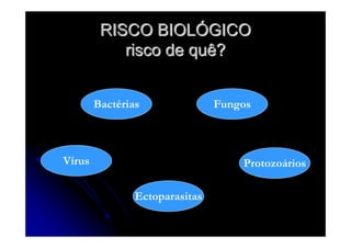 RISCO BIOLRISCO BIOLÓÓGICOGICO
risco de quê?risco de quê?
Bactérias
Vírus
Fungos
Ectoparasitas
Protozoários
 
