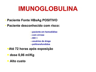 Paciente Fonte HBsAg POSITIVO Paciente desconhecido com risco:  Até 72 horas após exposição dose 0,06 ml/Kg Alto custo IMUNOGLOBULINA - paciente em hemodiálise - com cirrose - HIV + - usuários de droga - politransfundidos 