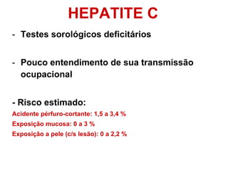 HEPATITE C Testes sorológicos deficitários Pouco entendimento de sua transmissão ocupacional - Risco estimado: Acidente pérfuro-cortante: 1,5 a 3,4 % Exposição mucosa: 0 a 3 % Exposição a pele (c/s lesão): 0 a 2,2 % 
