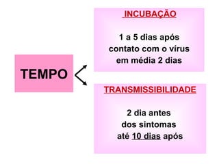 INCUBAÇÃO 1 a 5 dias após contato com o vírus em média 2 dias TRANSMISSIBILIDADE 2 dia antes  dos sintomas  até  10 dias  após TEMPO 