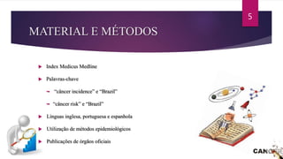 MATERIAL E MÉTODOS
 Index Medicus Medline
 Palavras-chave
 “câncer incidence” e “Brazil”
 “câncer risk” e “Brazil”
 Línguas inglesa, portuguesa e espanhola
 Utilização de métodos epidemiológicos
 Publicações de órgãos oficiais
5
 