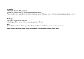 1ª situação:
PMR real ou efectivo> PMR negociado
situação que reflete atrasos nos pagamentos por parte dos Clientes.
A empresa deve rever as condições comerciais negociadas com os Clientes ou exercer maior pressão de cobrança sobre os mesmos.
2ª situação
PMR real ou efectivo ≤PMR negociado
situação que reflete o cumprimento dos prazos por parte dos Clientes.
Notas
Clientes - Total de crédito concedido, ou seja, incluir os Clientes com Títulos e o valor das letras descontadas e ainda não vencidas.
Volume Negócios - Valor com IVA incluído, uma vez que o IVA também se encontra incluído no valor da conta de Clientes.
 