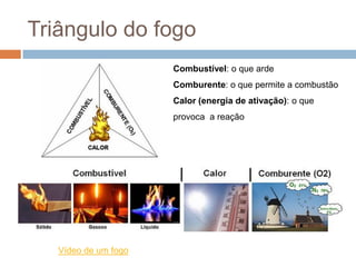 Triângulo do fogo
                      Combustível: o que arde
                      Comburente: o que permite a combustão
                      Calor (energia de ativação): o que
                      provoca a reação




   Vídeo de um fogo
 