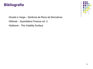 Bibliografia


  •Duarte e Varga – Gerência de Risco de Derivativos
  •Wilmott - Quantitative Finance vol. 3
  •Gatheral - The Volatility Surface




                                                       18
 