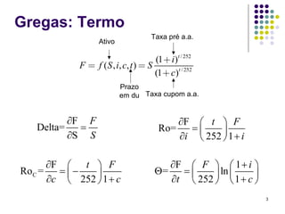 Gregas: Termo
                                       Taxa pré a.a.
                    Ativo

                                        (1 + i )t / 252
             F = f ( S , i , c, t ) = S
                                        (1 + c)t / 252
                            Prazo
                            em du Taxa cupom a.a.


          ∂F F                                ∂F ⎛ t ⎞ F
   Delta=   =                             Ro=   =⎜     ⎟
          ∂S S                                ∂i ⎝ 252 ⎠ 1 + i

       ∂F ⎛ t ⎞ F                           ∂F ⎛ F ⎞ ⎛ 1 + i ⎞
Ro C =   = ⎜−   ⎟                        Θ=   =⎜     ⎟ ln ⎜    ⎟
       ∂c ⎝ 252 ⎠ 1 + c                     ∂t ⎝ 252 ⎠ ⎝ 1 + c ⎠
                                                                   3
 