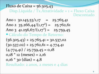 Fluxo de Caixa = 56.305,43
  Disp.Líquida / Tx.Atratividade + 1 = Fluxo Caixa
                                       Descontado
Ano 1 30.145,53/1,17 = 25.765,41
Ano 2 35.266,44/(1,17²) = 25.762,61
Ano 3 41.256,67/(1,17³) = 25.759,45
 Cálculo do Tempo de Retorno:
(56.305,43) + 25.765,41 = 30.537,02
(30.537,02) + 25.762,61 = 4.774,41
(4.774,41) / 25.759,45 = 0,18
0,18 * 12 (meses) = 2,16
0,16 * 30 (dias) = 4,8
Resultado: 2 anos, 2 meses e 4 dias
                                                 8
 