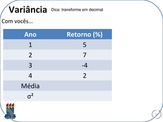 Variância
Com vocês...
26
Ano Retorno (%)
1 5
2 7
3 -4
4 2
Média
σ²
Dica: transforme em decimal
 