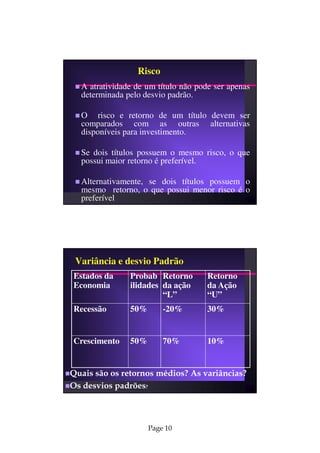 Risco
  A atratividade de um título não pode ser apenas
  determinada pelo desvio padrão.

  O risco e retorno de um título devem ser
  comparados com as outras alternativas
  disponíveis para investimento.

  Se dois títulos possuem o mesmo risco, o que
  possui maior retorno é preferível.

  Alternativamente, se dois títulos possuem o
  mesmo retorno, o que possui menor risco é o
  preferível




 Variância e desvio Padrão
Estados da     Probab Retorno        Retorno
Economia       ilidades da ação      da Ação
                        “L”          “U”
Recessão       50%       -20%        30%


Crescimento    50%       70%         10%


Quais são os retornos médios? As variâncias?
Os desvios padrões?



                     Page 10
 