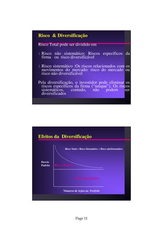 Risco & Diversificação
Risco Total pode ser dividido em

1. Risco
       não sistemático: Riscos específicos da
 firma ou risco diversificável

2. Riscosistemático :Os riscos relacionados com os
 movimentos do mercado: risco do mercado ou
 risco não diversificável

Pela diversificação, o investidor pode eliminar os
 riscos específicos da firma (“unique”). Os riscos
 sistemáticos,    contudo,     não   podem     ser
 diversificados




Efeitos da Diversificação

                  Risco Total = Risco Sistemático + Risco nãoSistemático




 Desvio
 Padrão    Ris. n-Sistem.



                            Risco Sistemático


                 Números de Ações no Portfolio




                            Page 11
 
