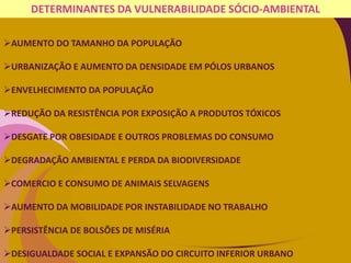 DETERMINANTES DA VULNERABILIDADE SÓCIO-AMBIENTAL
AUMENTO DO TAMANHO DA POPULAÇÃO
URBANIZAÇÃO E AUMENTO DA DENSIDADE EM PÓLOS URBANOS
ENVELHECIMENTO DA POPULAÇÃO
REDUÇÃO DA RESISTÊNCIA POR EXPOSIÇÃO A PRODUTOS TÓXICOS
DESGATE POR OBESIDADE E OUTROS PROBLEMAS DO CONSUMO
DEGRADAÇÃO AMBIENTAL E PERDA DA BIODIVERSIDADE
COMERCIO E CONSUMO DE ANIMAIS SELVAGENS
AUMENTO DA MOBILIDADE POR INSTABILIDADE NO TRABALHO
PERSISTÊNCIA DE BOLSÕES DE MISÉRIA
DESIGUALDADE SOCIAL E EXPANSÃO DO CIRCUITO INFERIOR URBANO
 