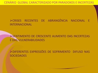 CRISES RECENTES DE ABRANGÊNCIA NACIONAL E
INTERNACIONAL
SENTIMENTO DE CRESCENTE AUMENTO DAS INCERTEZAS
E DAS VULNERABILIDADES
DIFERENTES EXPRESSÕES DE SOFRIMENTO DIFUSO NAS
SOCIEDADES
CENÁRIO GLOBAL CARACTERIZADO POR PARADOXOS E INCERTEZAS
 