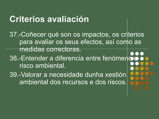 Criterios avaliación 37.-Coñecer qué son os impactos, os criterios para avaliar os seus efectos, así como as medidas correctoras. 38.-Entender a diferencia entre fenómeno e risco ambiental. 39.-Valorar a necesidade dunha xestión ambiental dos recursos e dos riscos.  
