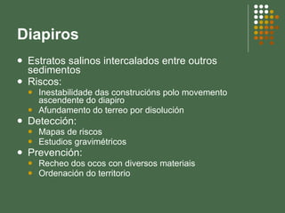 Diapiros Estratos salinos intercalados entre outros sedimentos Riscos: Inestabilidade das construcións polo movemento ascendente do diapiro Afundamento do terreo por disolución Detección: Mapas de riscos Estudios gravimétricos Prevención: Recheo dos ocos con diversos materiais Ordenación do territorio 