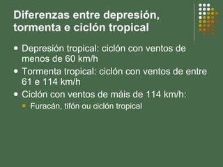 Diferenzas entre depresión, tormenta e ciclón tropical Depresión tropical: ciclón con ventos de menos de 60 km/h Tormenta tropical: ciclón con ventos de entre 61 e 114 km/h Ciclón con ventos de máis de 114 km/h: Furacán, tifón ou ciclón tropical 