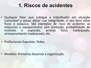 1. Riscos de acidentes 
• Qualquer fator que coloque o trabalhador em situação 
vulnerável e possa afetar sua integridade, e seu bem estar 
físico e psíquico. São exemplos de risco de acidente: as 
máquinas e equipamentos sem proteção, probabilidade de 
incêndio e explosão, arranjo físico inadequado, 
armazenamento inadequado, etc. 
• Profissionais Expostos: Todos. 
• Medidas: Primeiros Socorros e organização. 
 