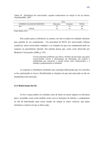 105
Tabela 36 - Distribuição dos entrevistados, segundo conhecimento em relação às leis de trânsito,
Uberlândia/MG., 2007.
Sexo
CONHECE AS LEIS DE TRÂNSITO Masculino Feminino TOTAL
Sim 70 16 86
TOTAL 70 16 86
Fonte: Bonito, 2011.
Este cenário parece confortável, no entanto, isto não se traduz em condição suficiente
para garantia de seu cumprimento. Um percentual de 80,2% dos entrevistados informa
cumprí-las, outros acrescentam condições e ou situações em que esse cumprimento pode ser
suspenso ou parcialmente alterado. Isto permite pensar que, assim como observado por
Monteiro e Vasconcelos (2006, p. 127):
Um dos principais problemas que afecta o domínio da prevenção, que quase
exclusivamente recorre à disseminação da informação, diz respeito à
ambiguidade que caracteriza a relação teórica entre conhecimentos e a
mudança comportamental ou atitudinal.
As respostas se distribuem recebendo uma conotação diferenciada que (re) classifica
as leis, gerenciando os riscos e flexibilizando as situações em que uma ação pode ou não ser
interpretada como arriscada.
4.1.1 Relativização das leis
As leis e regras podem ser avaliadas como de maior ou menor impacto ou relevância
para a sociedade, assim como também ocorre com as leis/regras de trânsito, o cumprimento
ou não de determinada regra estará situado em relação às outras variáveis, que juntas
formaram o contexto em que se dará a ação.
 