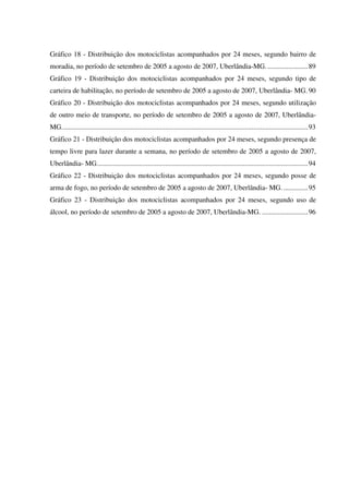 Gráfico 18 - Distribuição dos motociclistas acompanhados por 24 meses, segundo bairro de
moradia, no período de setembro de 2005 a agosto de 2007, Uberlândia-MG........................89
Gráfico 19 - Distribuição dos motociclistas acompanhados por 24 meses, segundo tipo de
carteira de habilitação, no período de setembro de 2005 a agosto de 2007, Uberlândia- MG. 90
Gráfico 20 - Distribuição dos motociclistas acompanhados por 24 meses, segundo utilização
de outro meio de transporte, no período de setembro de 2005 a agosto de 2007, Uberlândia-
MG............................................................................................................................................93
Gráfico 21 - Distribuição dos motociclistas acompanhados por 24 meses, segundo presença de
tempo livre para lazer durante a semana, no período de setembro de 2005 a agosto de 2007,
Uberlândia- MG........................................................................................................................94
Gráfico 22 - Distribuição dos motociclistas acompanhados por 24 meses, segundo posse de
arma de fogo, no período de setembro de 2005 a agosto de 2007, Uberlândia- MG. ..............95
Gráfico 23 - Distribuição dos motociclistas acompanhados por 24 meses, segundo uso de
álcool, no período de setembro de 2005 a agosto de 2007, Uberlândia-MG. ..........................96
 