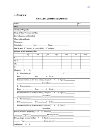152
APÊNDICE C
FICHA DE ACOMPANHAMENTO
Nome: N°:
Mês:
Atividade/ Profissão:
Horas de lazer / semana (média):
Km rodados no total (média):
Motocicleta utilizada:
Tipo/marca:______________________________________________________
Cilindradas:___________ Ano:____________ Placa:___________________
Tipo de uso: €Trabalho €Lazer/ Hobby €Transporte
Períodos de uso da motocicleta:
Seg Ter Qua Qui Sex Sáb Dom
6-12
12-18
18-24
0-6
Multa(s): N S:
1. Discriminação:_____________________________________Nº:____________
Data:___/___/______ Hora:____:____h Local:_________________________
Estava sob efeito de álcool ou outra(s) droga(s)? N S: Tipo(s):___________
____________________________ Quantidade:___________________________
2. Discriminação:___________________________________________________
Data:___/___/______ Hora:____:____h Local:_________________________
Estava sob efeito de álcool ou outra(s) droga(s)? N S: Tipo(s):___________
____________________________ Quantidade:___________________________
3. Discriminação:___________________________________________________
Data:___/___/______ Hora:____:____h Local:_________________________
Estava sob efeito de álcool ou outra(s) droga(s)? N S: Tipo(s):___________
____________________________ Quantidade:___________________________
Uso de álcool no mês(média): N S: Bebida(s):_________________________
_________ Freqüência:___________________Quant.(por vez):_________________
Uso de drogas no mês(média): N S: Tipo(s):___________________________
_______ Freq.:______________________Quant.(por vez):_____________________
Acidente(s): N S
 