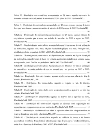 Tabela 30 - Distribuição dos motociclistas acompanhados por 24 meses, segundo outro meio de
transporte utilizado e sexo, no período de setembro de 2005 a agosto de 2007, Uberlândia/MG...
.................................................................................................................................................. 93
Tabela 31 - Distribuição dos motociclistas acompanhados por 24 meses, segundo presença de tempo
livre para lazer durante a semana, no período de setembro de 2005 a agosto de 2007, Uberlândia/MG
...................................................................................................................................................94
Tabela 32 - Distribuição dos motociclistas acompanhados por 24 meses, segundo número de
copos/doses ingeridos por semana, no período de setembro de 2005 a agosto de 2007,
Uberlândia/MG.........................................................................................................................96
Tabela 33 - Distribuição dos motociclistas acompanhados por 24 meses por tipo de utilização
da motocicleta, segundo sexo, etnia, religião escolaridade própria e da mãe, condição civil,
atividade/profissão no período de 2005 a 2007, Uberlândia/MG.............................................98
Tabela 34 - Distribuição dos Motociclistas Acompanhados por 24 meses por tipo de utilização
da motocicleta, segundo horas de lazer por semana, quilômetros rodados por semana, idade,
rena pessoal e renda familiar, no período de 2005 a 2007, Uberlândia/MG. .........................100
Tabela 35 - Distribuição dos Motociclistas Acompanhados por 24 meses por tipo de utilização
da motocicleta, segundo períodos de uso da motocicleta, no período de 2005 a 2007,
Uberlândia/MG.......................................................................................................................101
Tabela 36 - Distribuição dos entrevistados, segundo conhecimento em relação às leis de
trânsito, Uberlândia /MG, 2007..............................................................................................105
Tabela 37 - Distribuição dos entrevistados, segundo o respeito às leis de trânsito,
Uberlândia/MG, 2007.............................................................................................................106
Tabela 38 - Distribuição dos entrevistados sobre as opiniões quanto ao que deve ser feito nas
cidades, Uberlândia/MG, 2007...............................................................................................108
Tabela 39 - Distribuição dos entrevistados segundo os motivos para a aquisição da moto,
Uberlândia/MG, 2007.............................................................................................................114
Tabela 40 - Distribuição dos entrevistados segundo as opiniões sobre capacitação dos
motoristas para comportamento seguro no trânsito, Uberlândia/MG, 2007...........................115
Tabela 41 - Distribuição dos entrevistados sobre as opiniões sobre seus comportamentos de
risco na direção de uma moto, Uberlândia/MG, 2007............................................................119
Tabela 42 - Distribuição de motociclistas segundo as variáveis de estudo e os fatores
associados à ocorrência de acidente de trânsito para o tipo de uso lazer, e seu Risco Relativo,
valor de p e Intervalo de Confiança, 2005 a 2007, Uberlândia/MG.......................................123
 