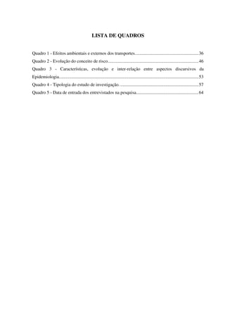 LISTA DE QUADROS
Quadro 1 - Efeitos ambientais e externos dos transportes........................................................36
Quadro 2 - Evolução do conceito de risco................................................................................46
Quadro 3 - Características, evolução e inter-relação entre aspectos discursivos da
Epidemiologia...........................................................................................................................53
Quadro 4 - Tipologia do estudo de investigação. .....................................................................57
Quadro 5 - Data de entrada dos entrevistados na pesquisa.......................................................64
 